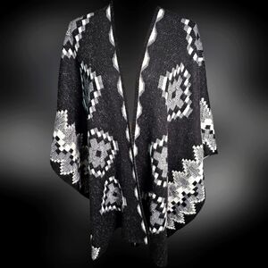 Black and White Geometric Reversible Poncho, Ruana, Shall Wrap Black Grey White